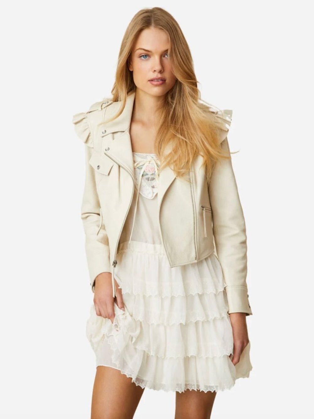 LoveShackFancy Torrez Moto Jacket in Cream Size L